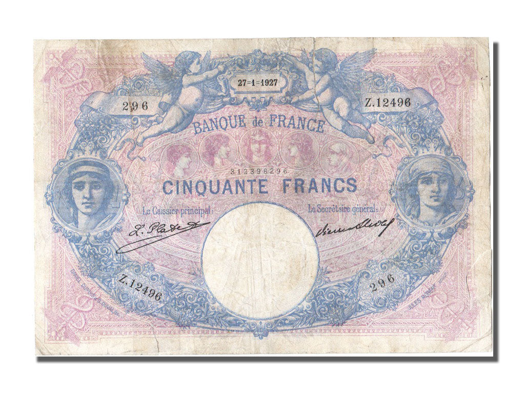 France, 50 Francs, 50 F 1889-1927 ''Bleu et Rose'', 1927, KM #64h, 1927-01-27,..