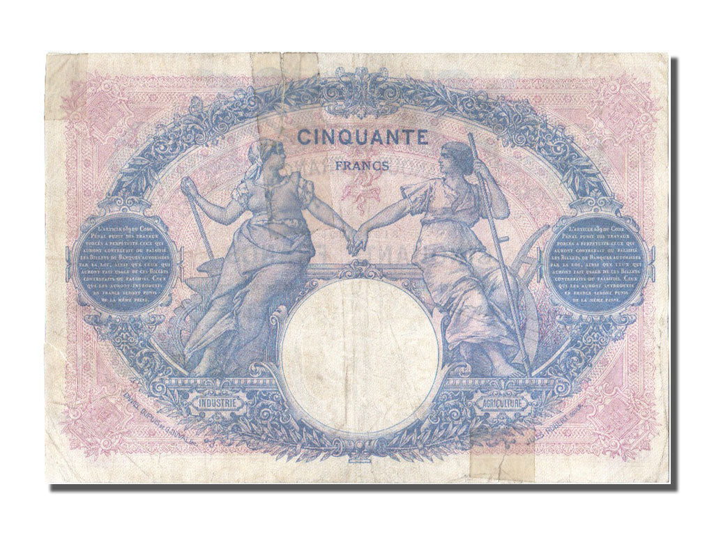 France, 50 Francs, 50 F 1889-1927 ''Bleu et Rose'', 1927, KM #64h, 1927-01-27,..