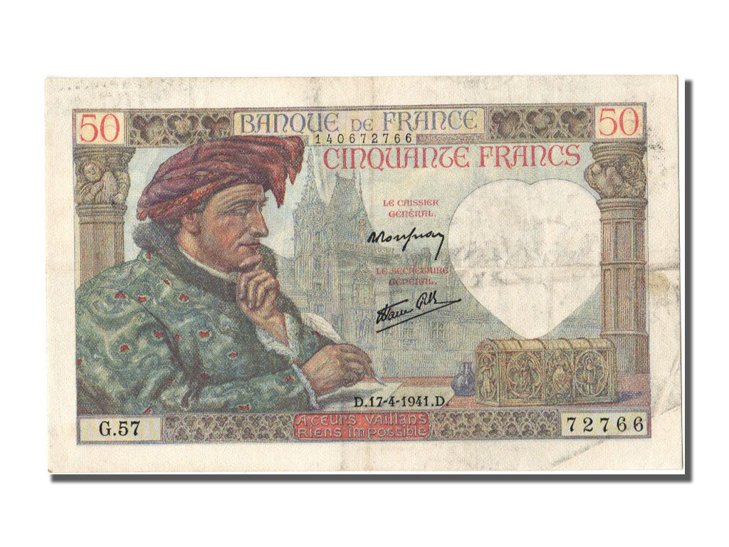 Francia, 50 Francs, 50 F 1940-1942 ''Jacques Coeur'', 1941, KM:93, 1941-04-17...