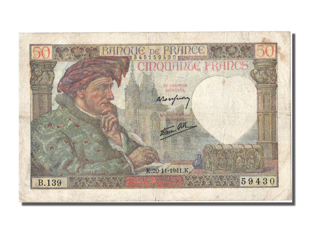 France, 50 Francs, 50 F 1940-1942 ''Jacques Coeur'', 1941, KM #93, 1941-11-20,..
