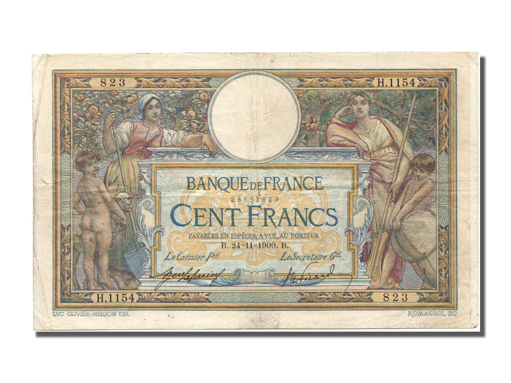France, 100 Francs, 100 F 1908-1939 ''Luc Olivier Merson'', 1909, KM #71a,...