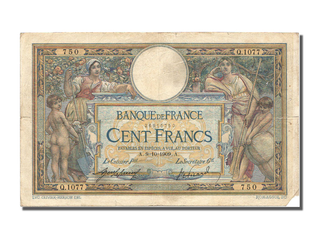 France, 100 Francs, 100 F 1908-1939 ''Luc Olivier Merson'', 1909, KM #71a,...