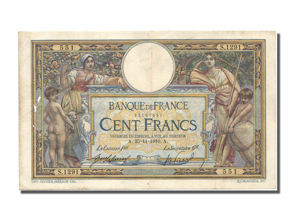 Francia, 100 Francs, 100 F 1908-1939 ''Luc Olivier Merson'', 1910, KM:71a, 19...