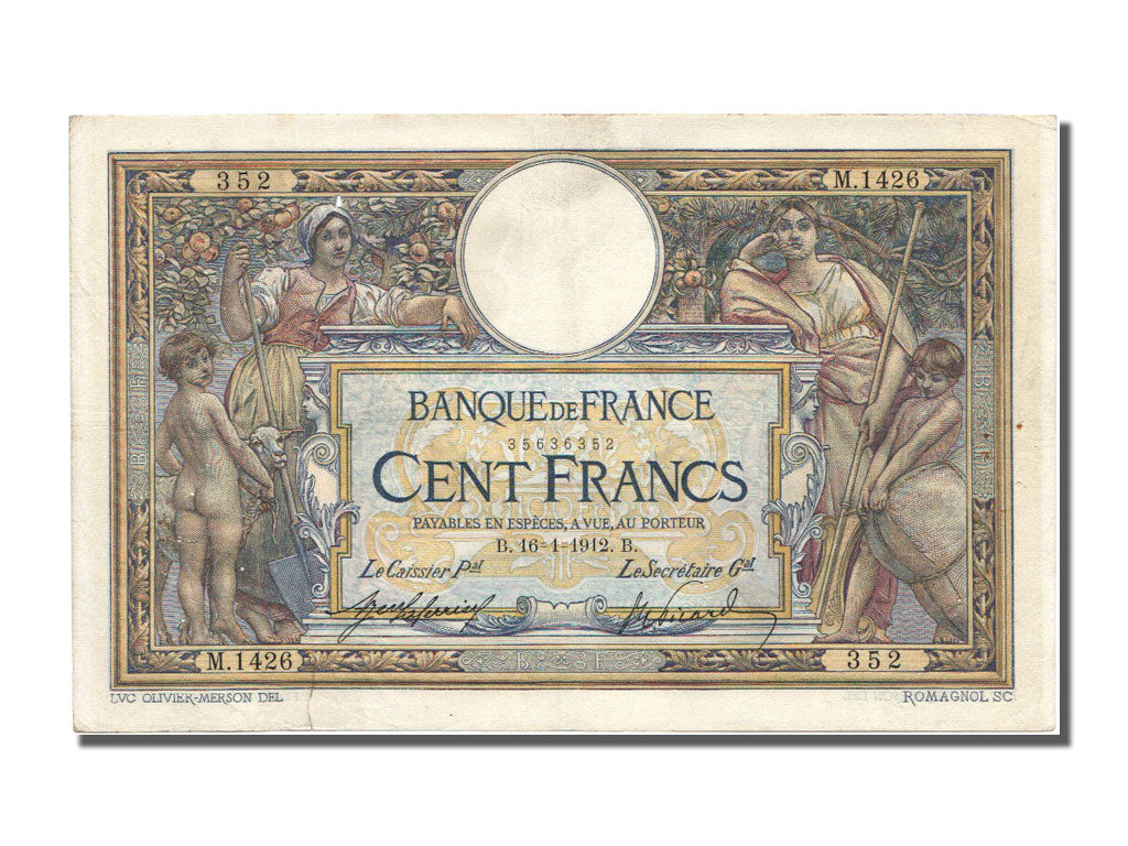 France, 100 Francs, 100 F 1908-1939 ''Luc Olivier Merson'', 1912, KM #71a,...