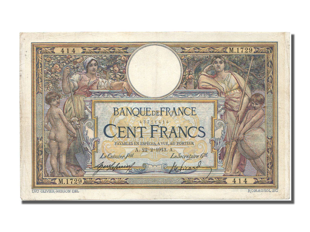 Banknote, France, 100 Francs, 100 F 1908-1939 ''Luc Olivier Merson'', 1913