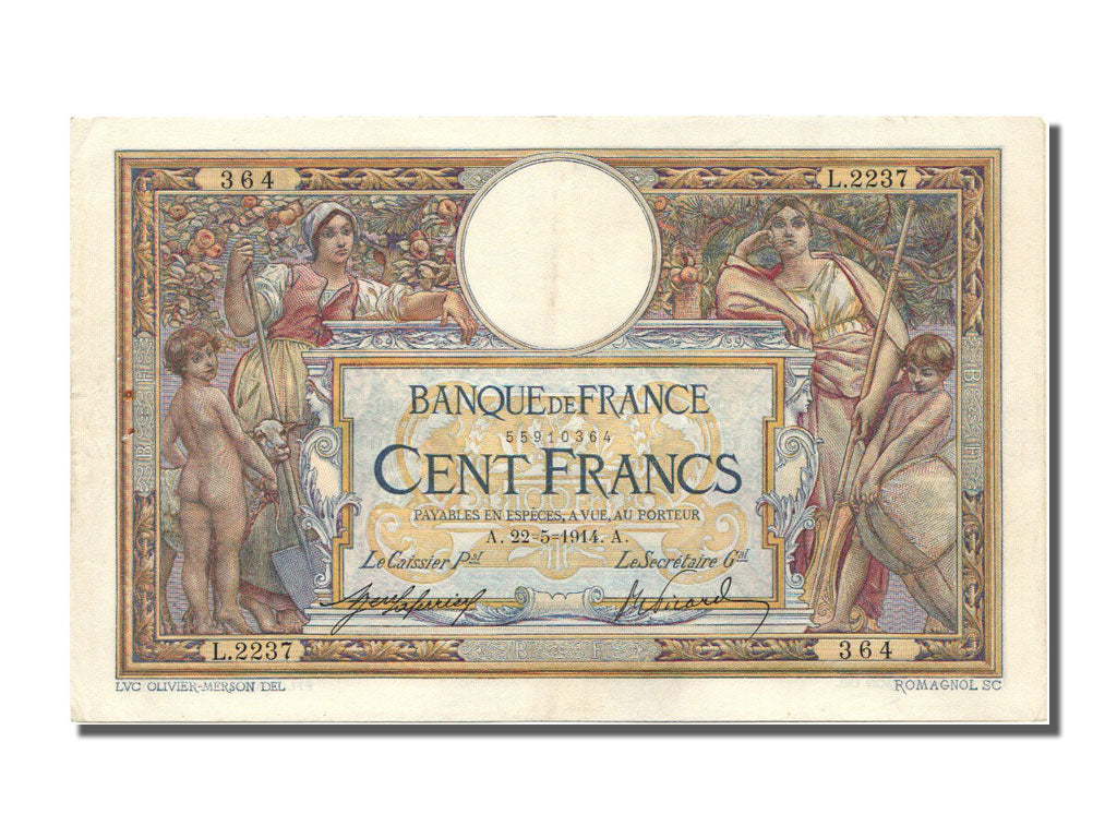 Banknote, France, 100 Francs, 100 F 1908-1939 ''Luc Olivier Merson'', 1914