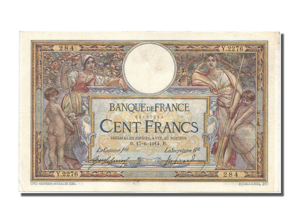 France, 100 Francs, 100 F 1908-1939 ''Luc Olivier Merson'', 1914, KM #71a,...