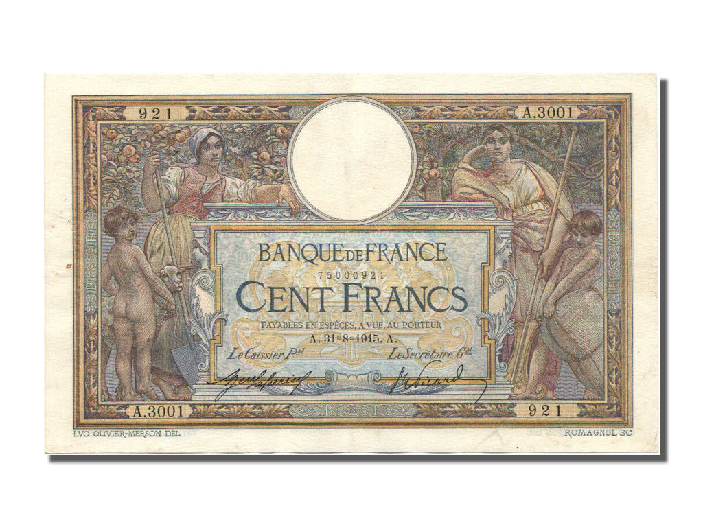 Banknote, France, 100 Francs, 100 F 1908-1939 ''Luc Olivier Merson'', 1915