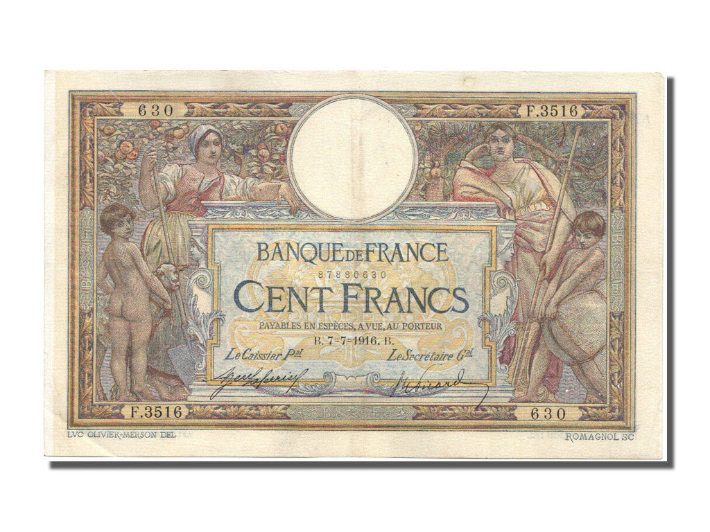 Banknote, France, 100 Francs, 100 F 1908-1939 ''Luc Olivier Merson'', 1916