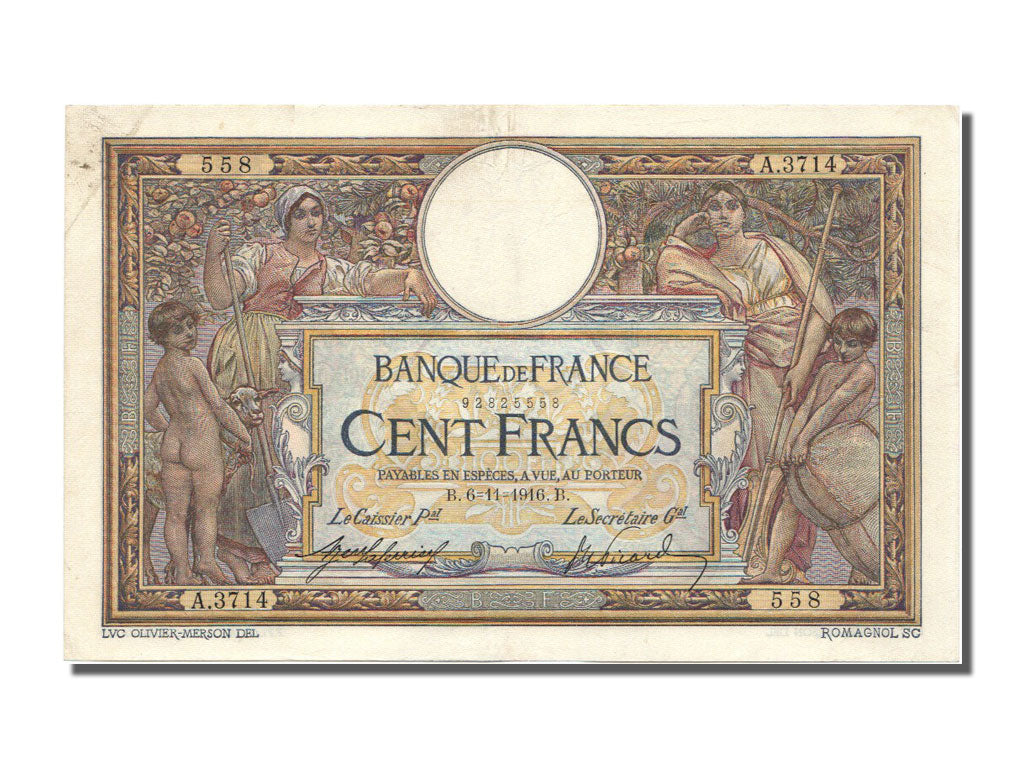 France, 100 Francs, 100 F 1908-1939 ''Luc Olivier Merson'', 1916, KM #71a,...