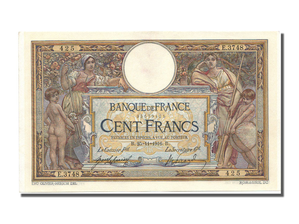 Banknote, France, 100 Francs, 100 F 1908-1939 ''Luc Olivier Merson'', 1916