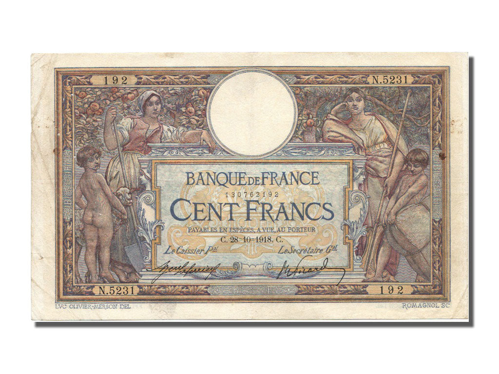 France, 100 Francs, 100 F 1908-1939 ''Luc Olivier Merson'', 1918, KM #71a,...
