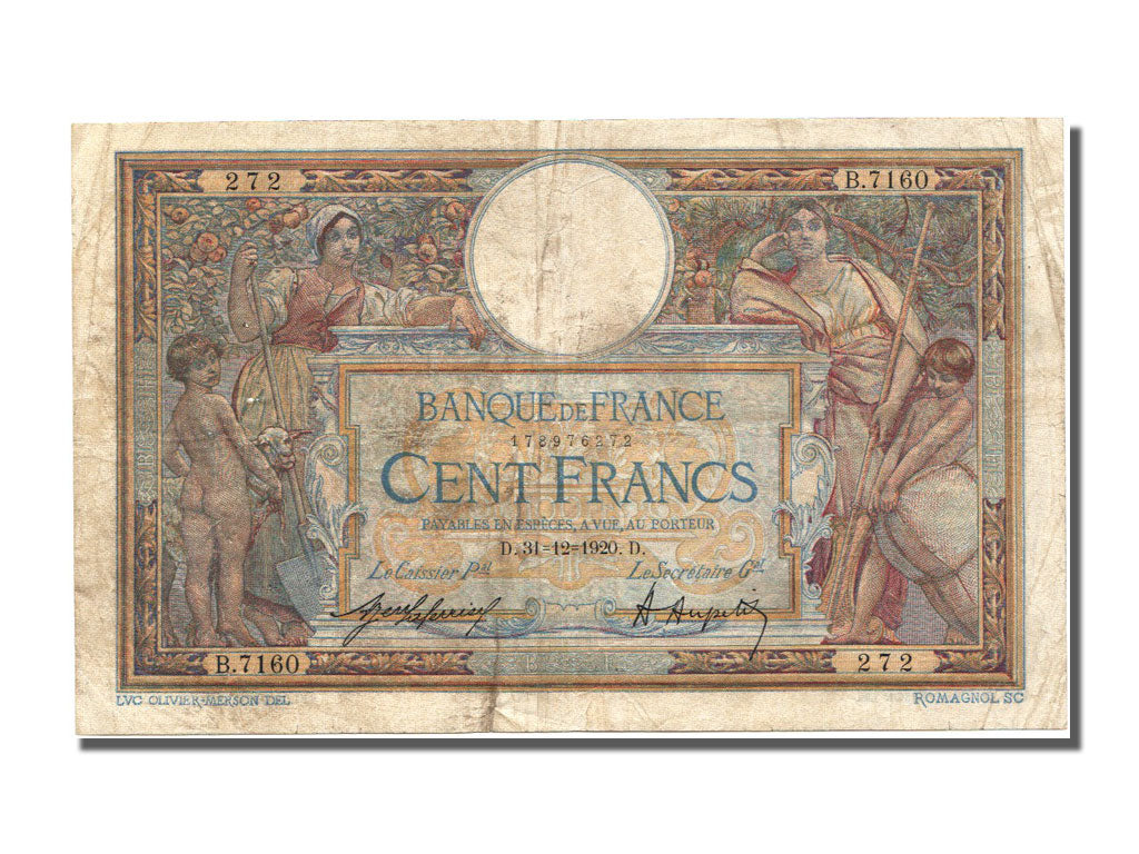 Banknote, France, 100 Francs, 100 F 1908-1939 ''Luc Olivier Merson'', 1920