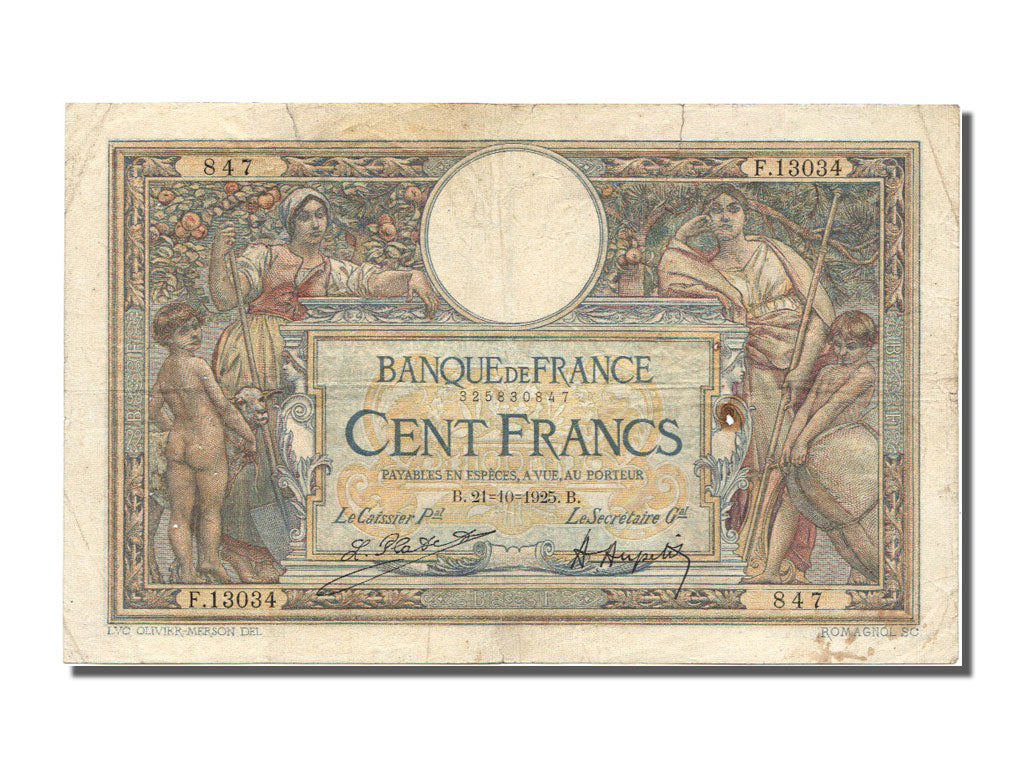 France, 100 Francs, 100 F 1908-1939 ''Luc Olivier Merson'', 1925, KM #78a,...