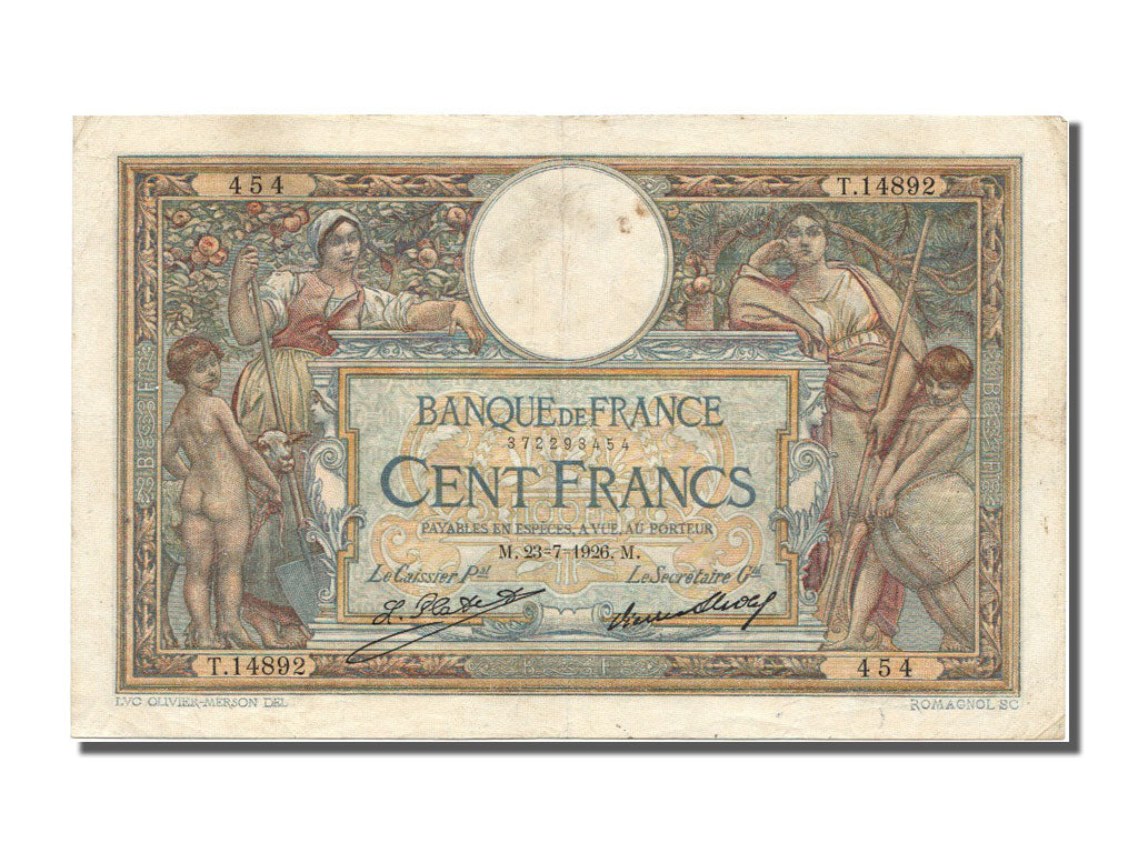 France, 100 Francs, 100 F 1908-1939 ''Luc Olivier Merson'', 1926, KM #78b,...