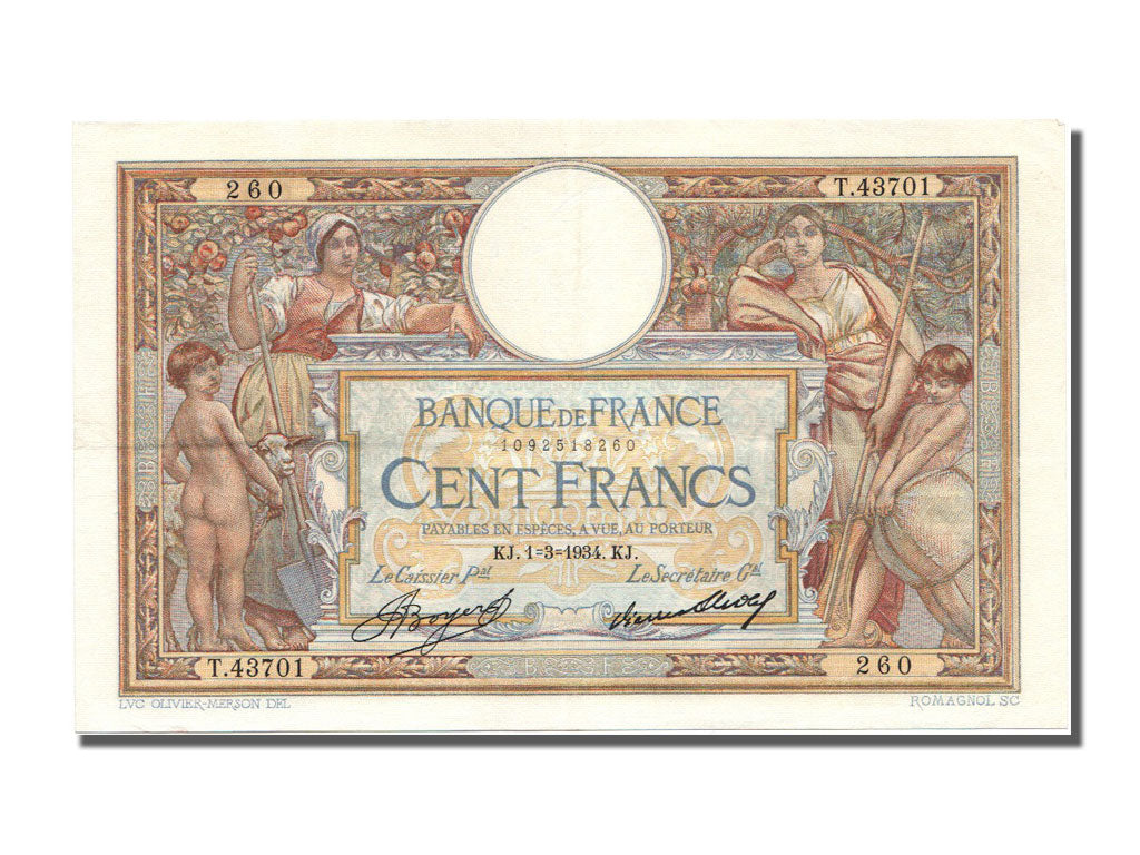 Banknote, France, 100 Francs, 100 F 1908-1939 ''Luc Olivier Merson'', 1934