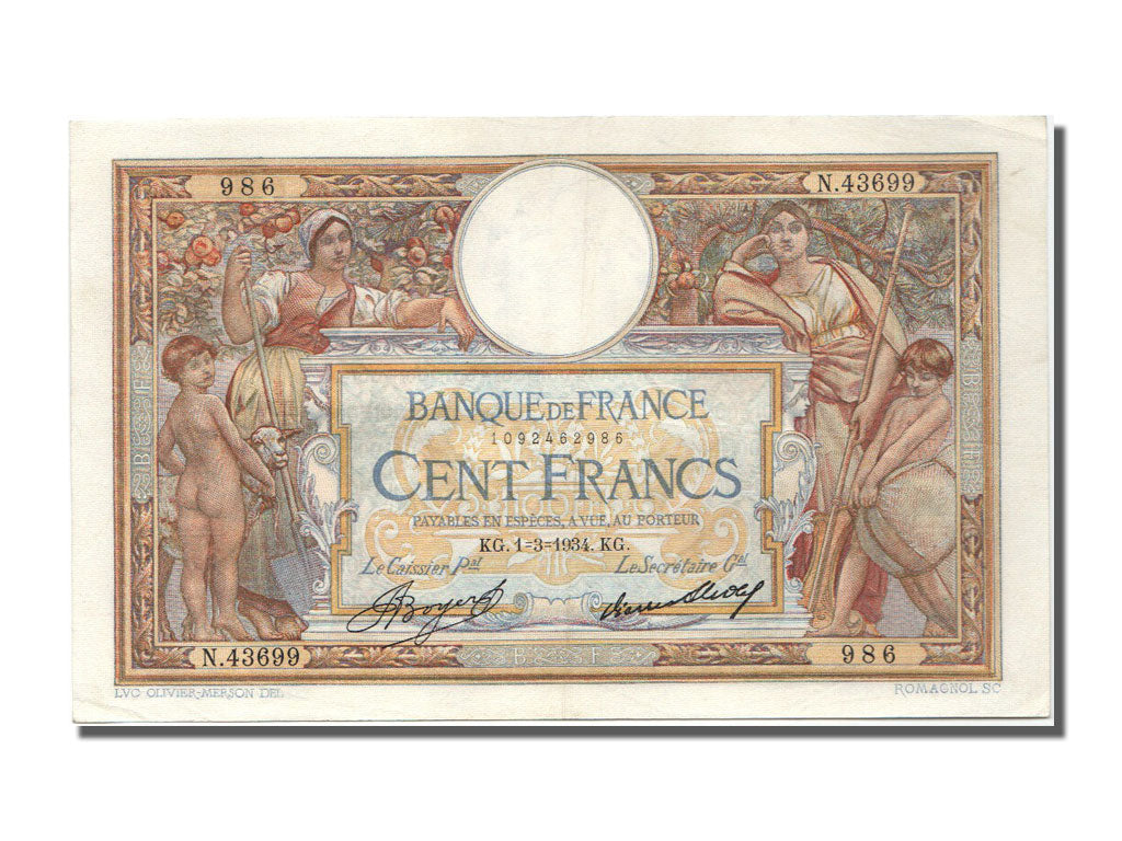 Banknote, France, 100 Francs, 100 F 1908-1939 ''Luc Olivier Merson'', 1934