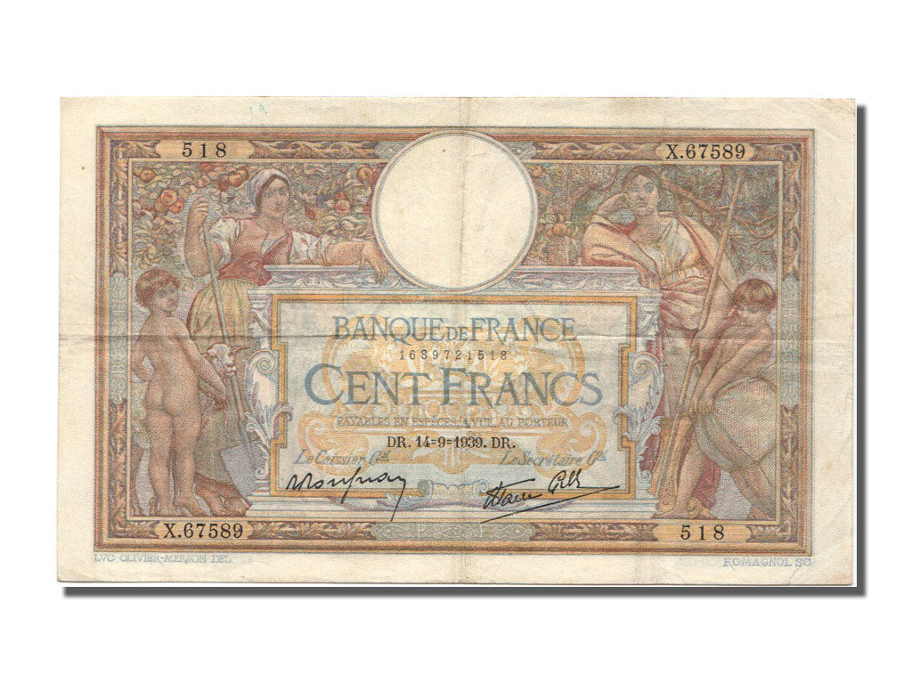 Banknote, France, 100 Francs, 100 F 1908-1939 ''Luc Olivier Merson'', 1939