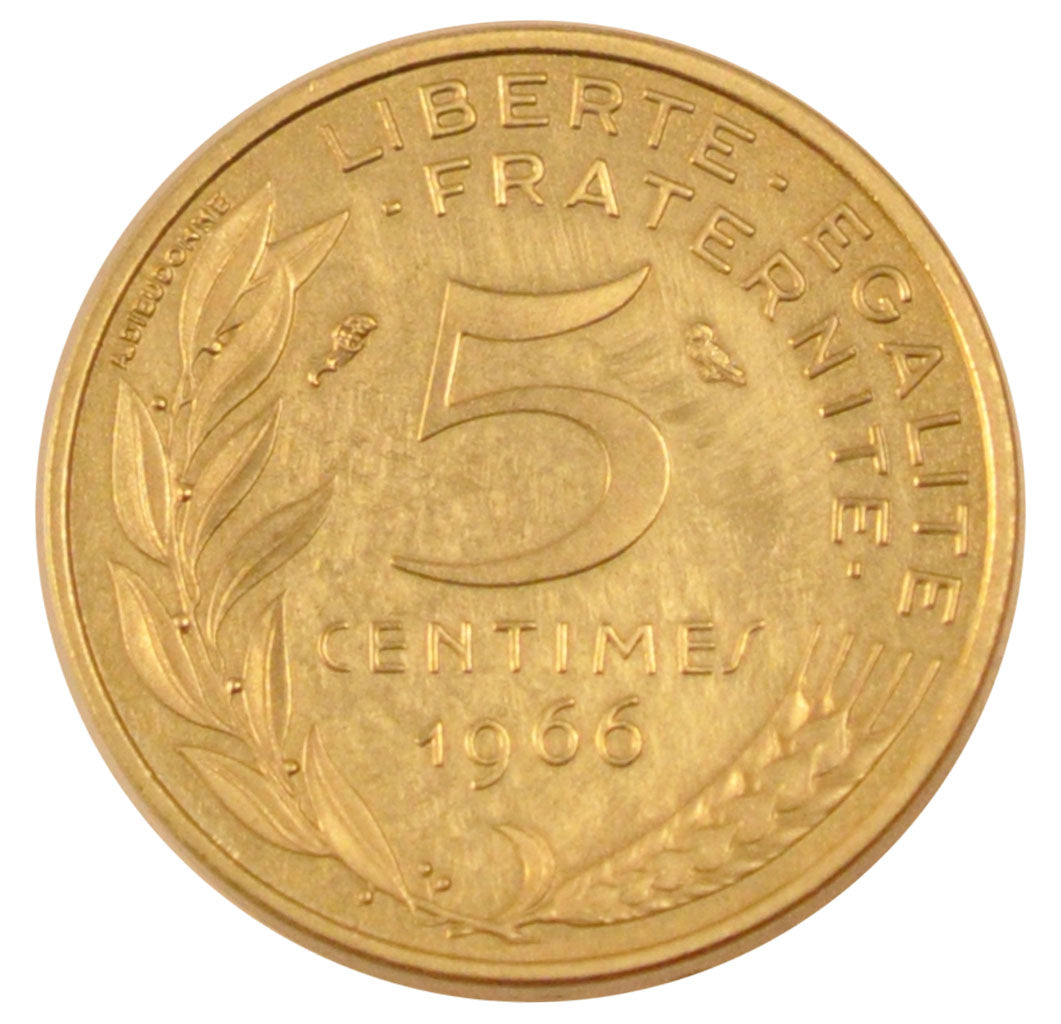 FRANCE, 5 Centimes, 1966, KM #P358, MS(65-70), Aluminum-Bronze, Gadoury #175p,..