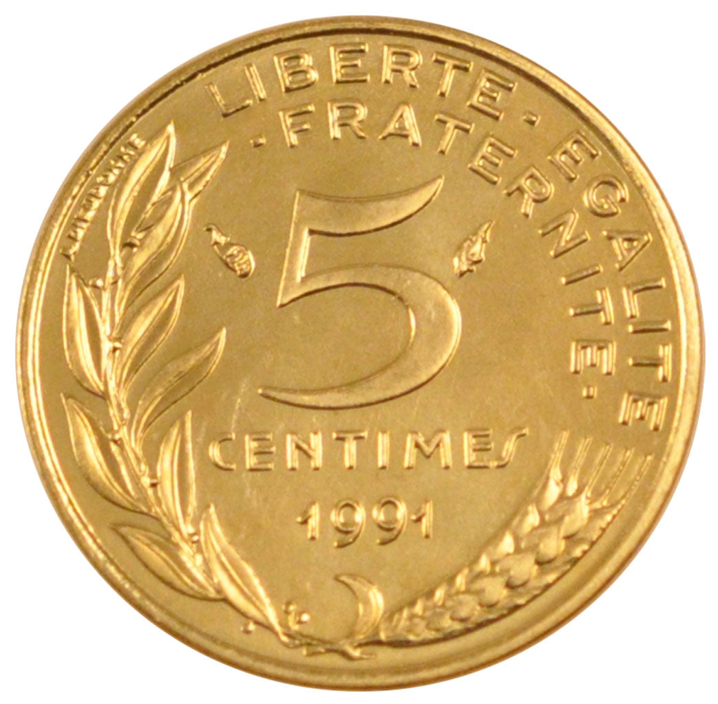 FRANCE, 5 Centimes, 1991, MS(65-70), Bronze-Aluminium-Nickel, Gadoury #175a,...