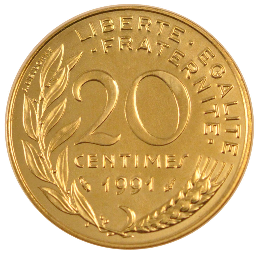 FRANCE, 20 Centimes, 1991, MS(65-70), Bronze-Aluminium-Nickel, Gadoury #332,...