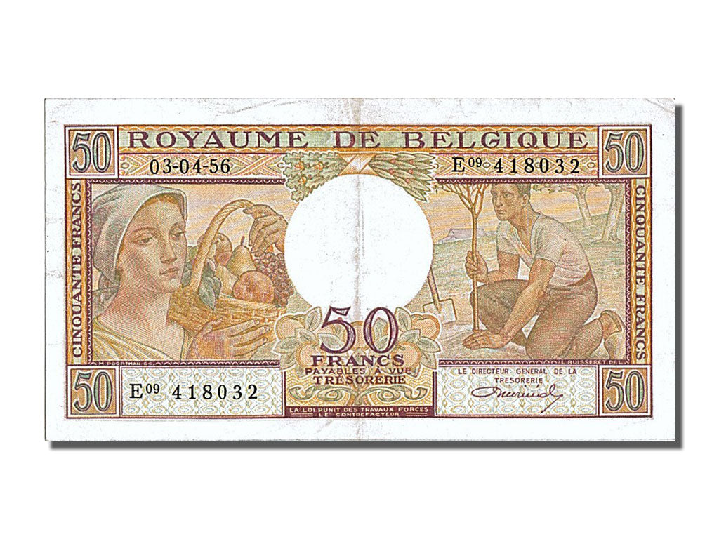 Belgium, 50 Francs, 1956, KM #133b, 1956-04-03, AU(55-58), E09