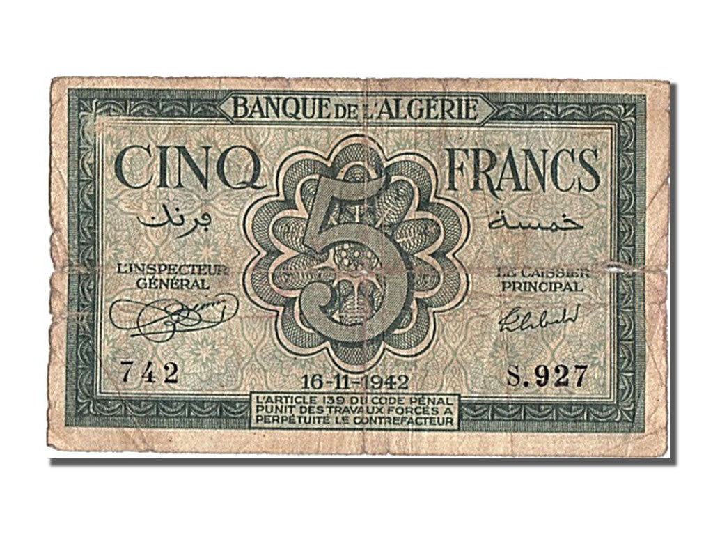 Algeria, 5 Francs, 1942, KM #91, 1942-11-16, VF(30-35), S927