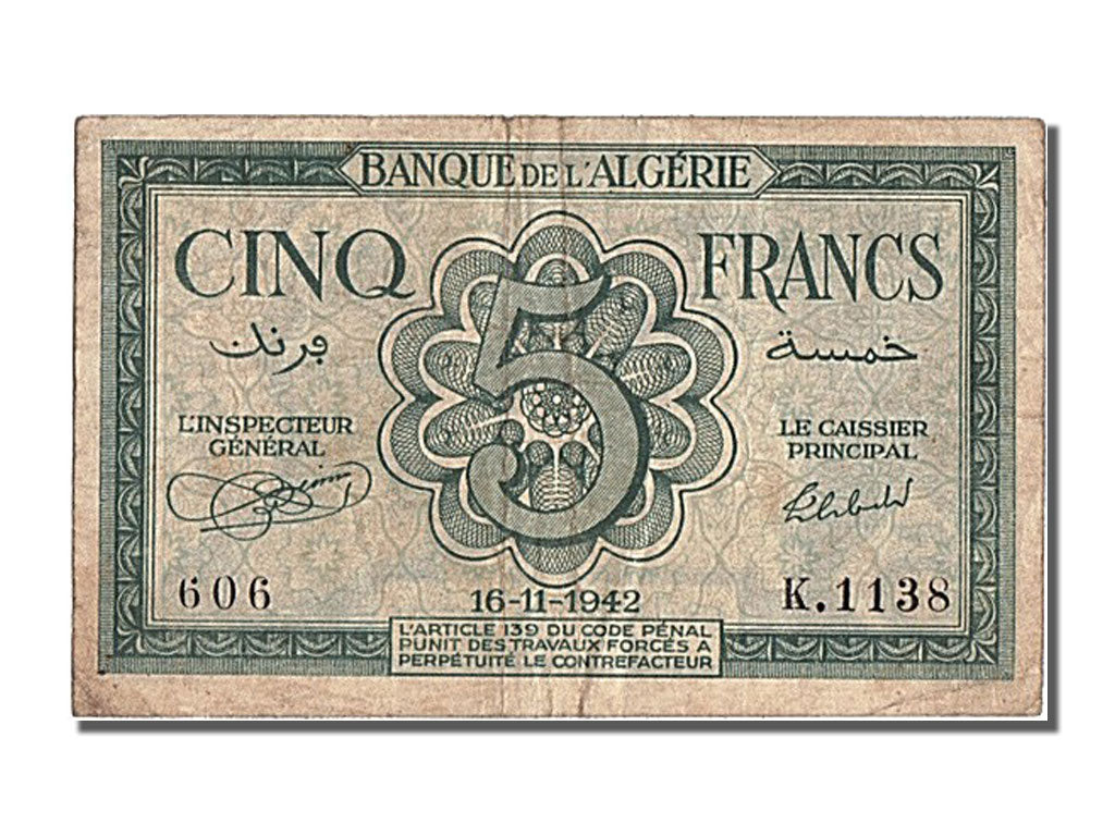 Algeria, 5 Francs, 1942, KM #91, 1942-11-16, AU(50-53), K1138