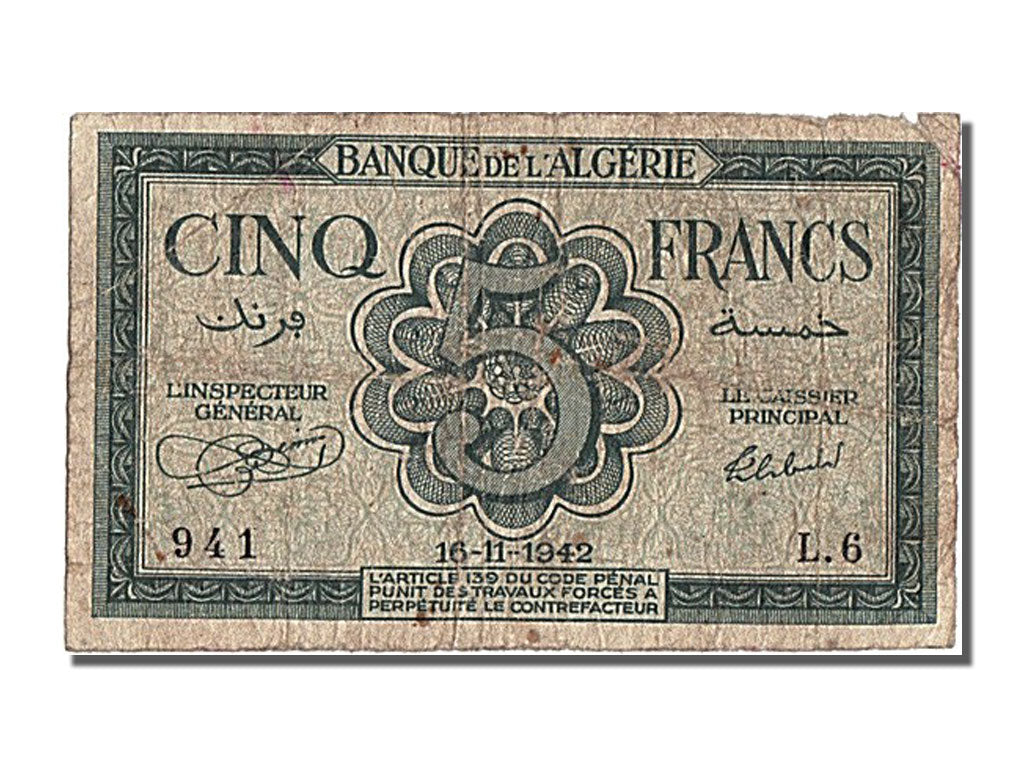 Algeria, 5 Francs, 1942, KM #91, 1942-11-16, EF(40-45), L6