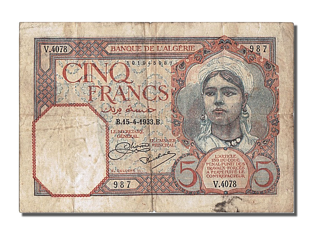 Algeria, 5 Francs, 1933, 1933-04-15, EF(40-45), V4078