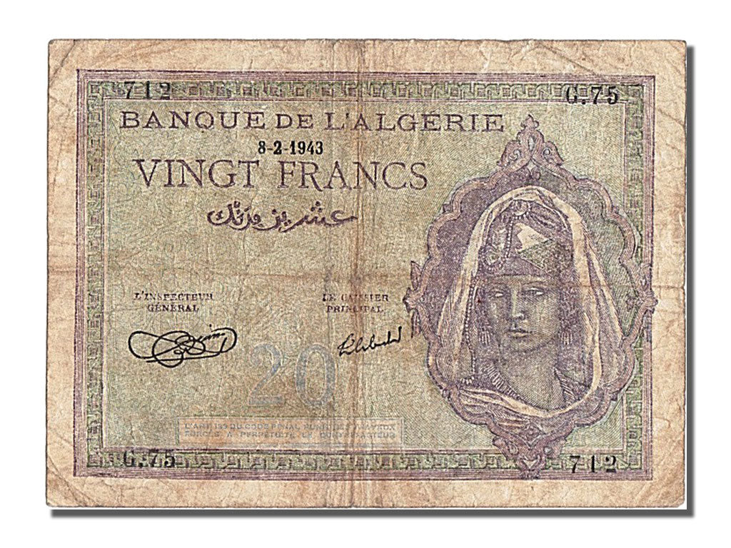 Algeria, 20 Francs, 1943, KM #92A, 1943-02-08, VF(30-35), G75