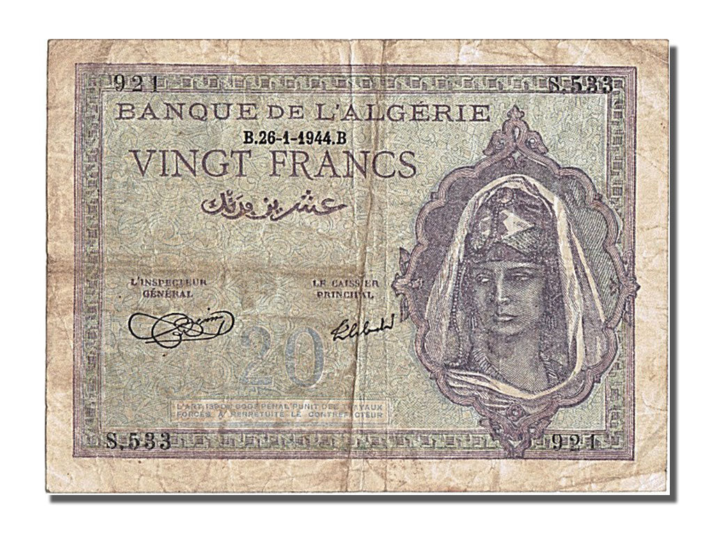 Algeria, 20 Francs, 1944, KM #92a, 1944-01-26, EF(40-45), S533