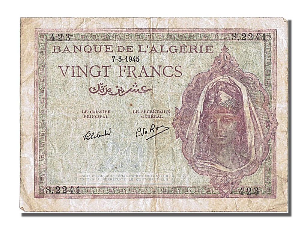 Algeria, 20 Francs, 1945, KM #92b, 1945-05-07, EF(40-45), S2241