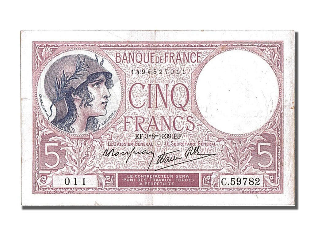 Billete, Francia, 5 Francs, 5 F 1917-1940 ''Violet'', 1939, MBC+, Fayette:04.04