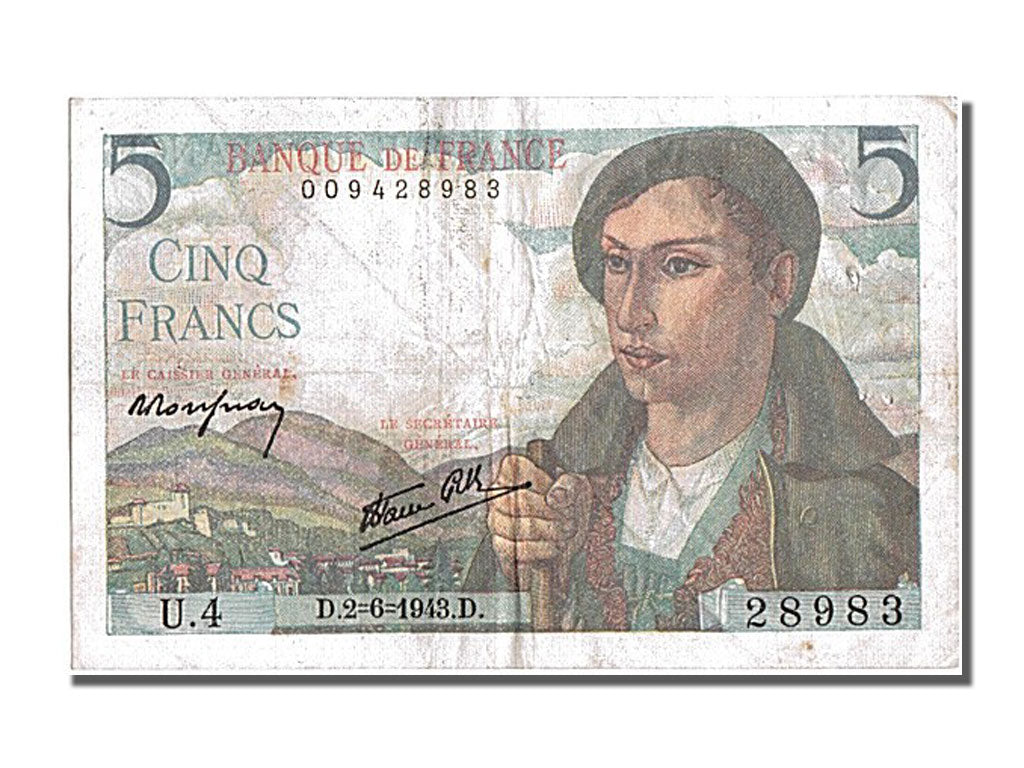 France, 5 Francs, 5 F 1943-1947 ''Berger'', KM #98a, 1943-06-02, VF(30-35),...