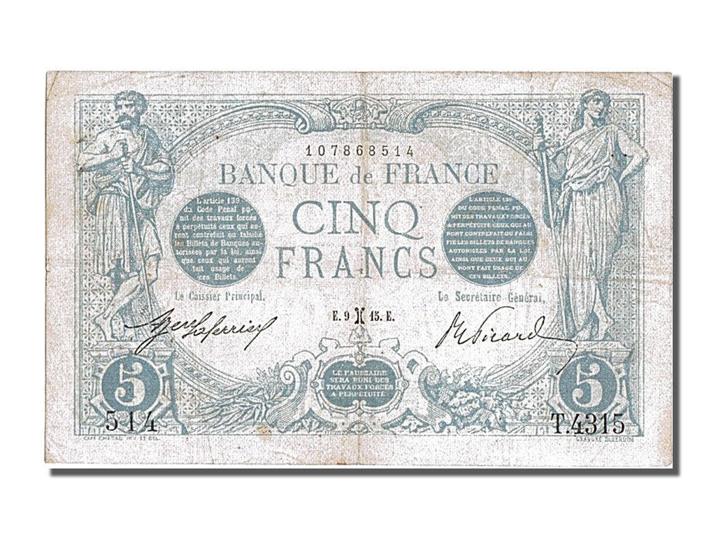 France, 5 Francs, 5 F 1912-1917 ''Bleu'', 1915, KM #70, 1915-02-09, EF(40-45),..