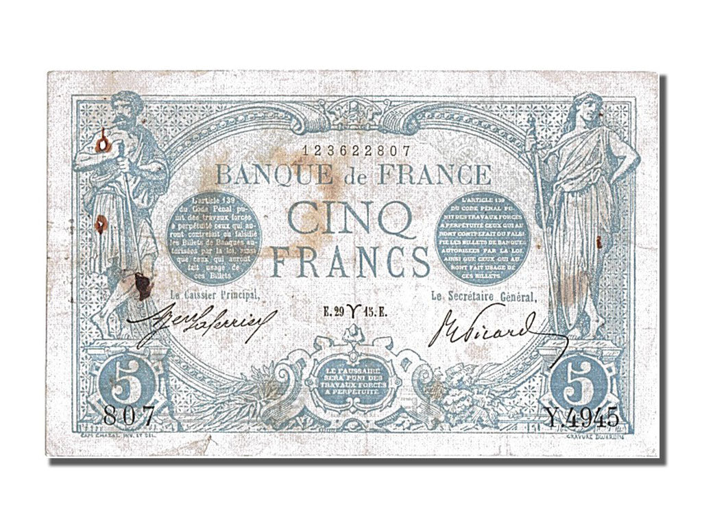 France, 5 Francs, 5 F 1912-1917 ''Bleu'', 1915, KM #70, 1915-03-29, VF(20-25),..