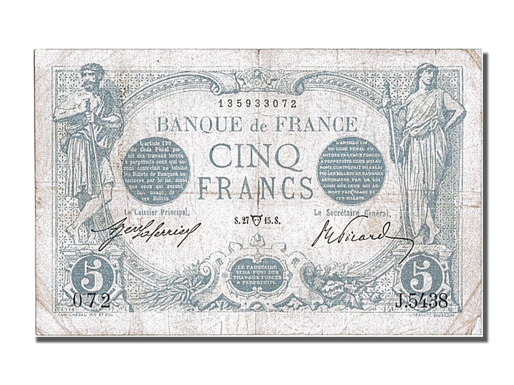 Geldschein, Frankreich, 5 Francs, 5 F 1912-1917 ''Bleu'', 1915, 1915-04-27, SS+
