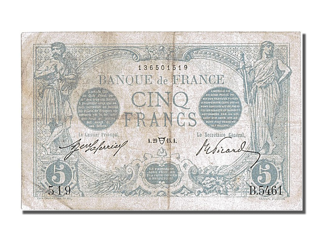 Biljet, Frankrijk, 5 Francs, 5 F 1912-1917 ''Bleu'', 1915, 1915-04-29, TTB