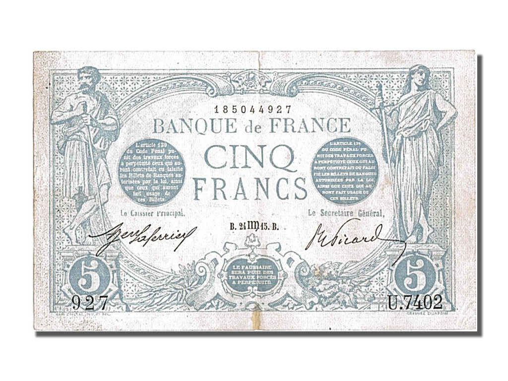 Banknote, France, 5 Francs, 5 F 1912-1917 ''Bleu'', 1915, 1915-08-24, AU(50-53)