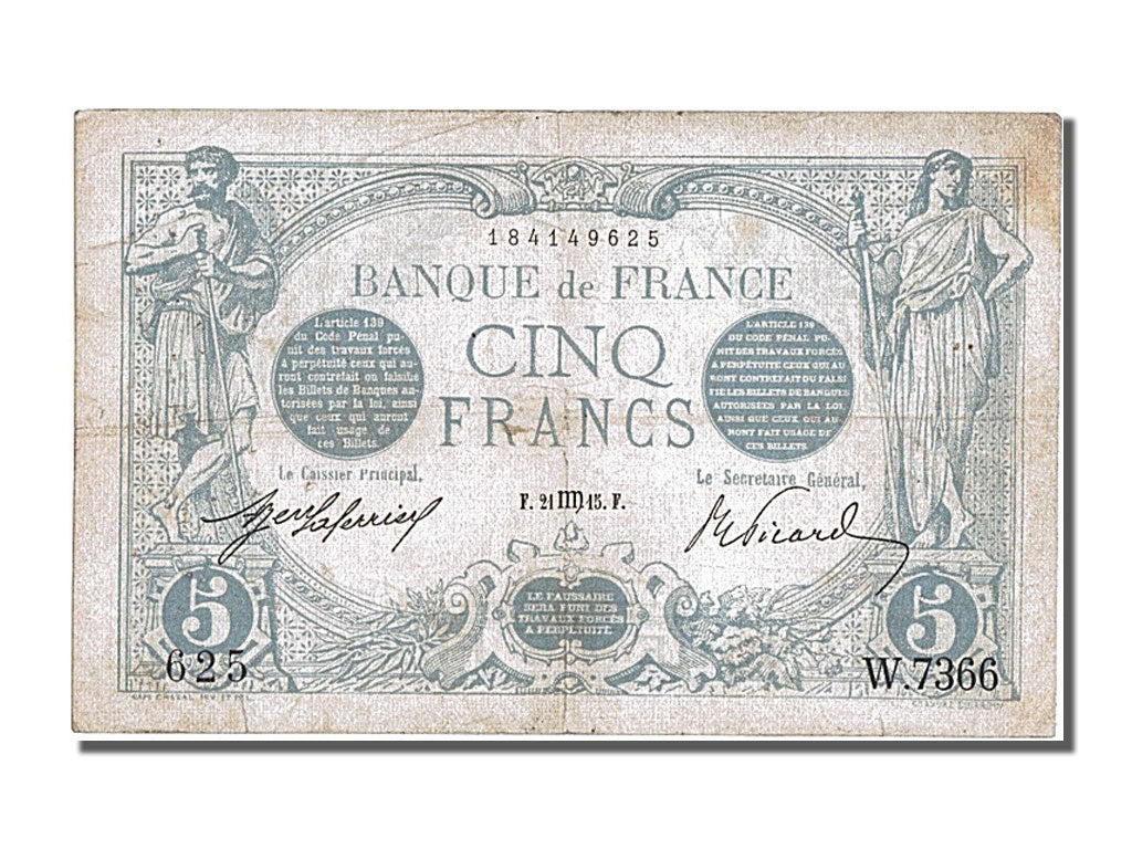 Billet, France, 5 Francs, 5 F 1912-1917 ''Bleu'', 1915, 1915-08-21, TTB+