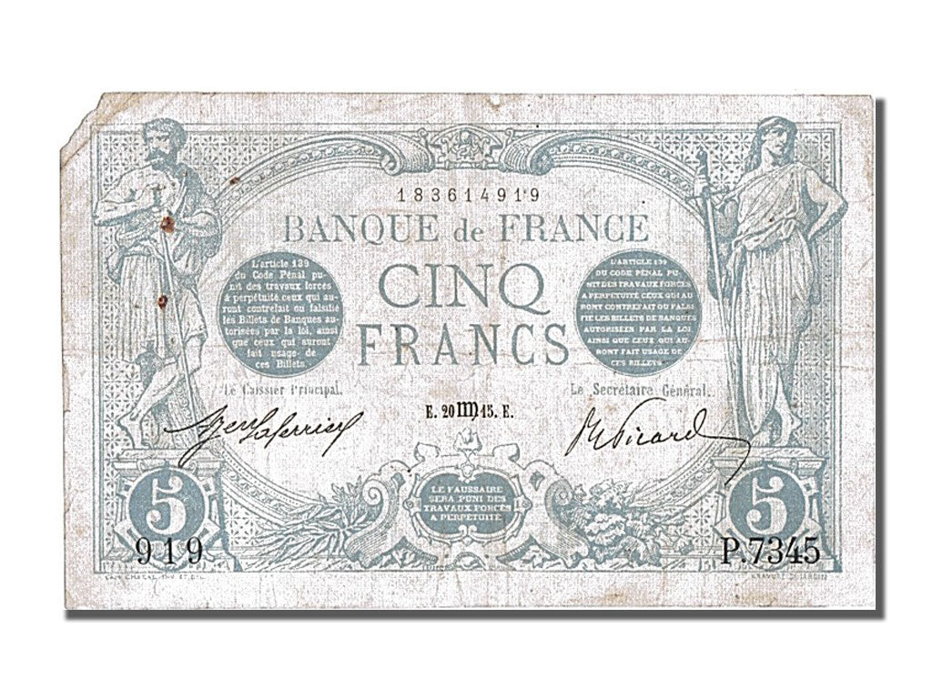 France, 5 Francs, 5 F 1912-1917 ''Bleu'', 1915, KM #70, 1915-08-20, EF(40-45),..