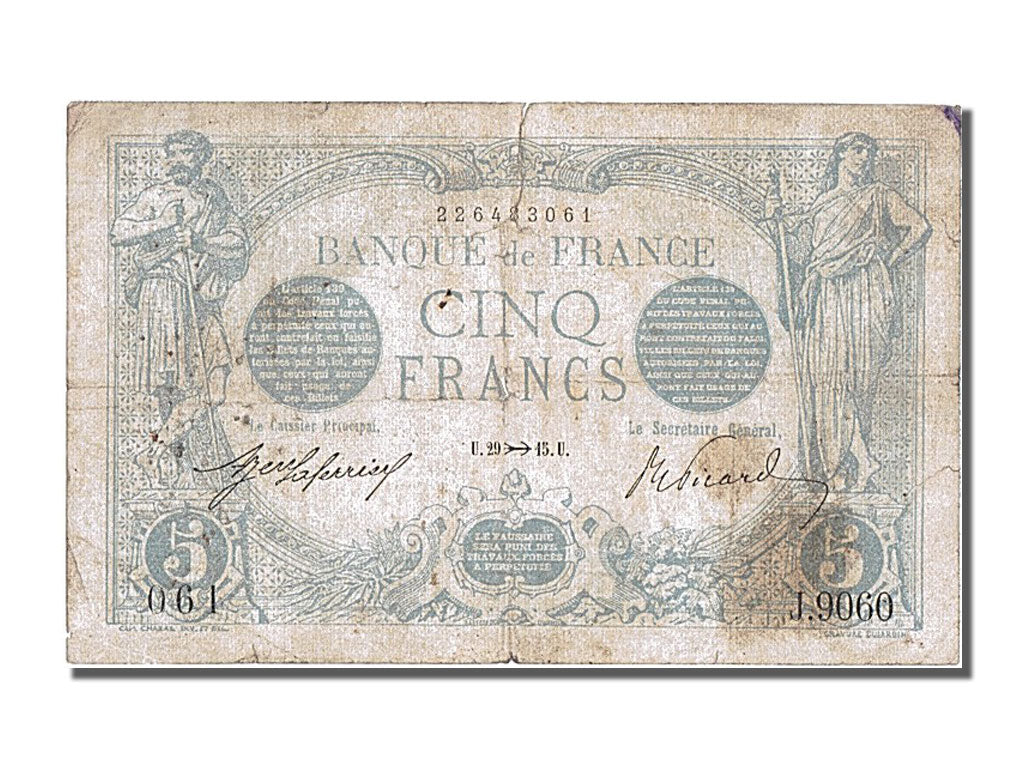 France, 5 Francs, 5 F 1912-1917 ''Bleu'', 1915, KM #70, 1915-11-29, VF(20-25),..
