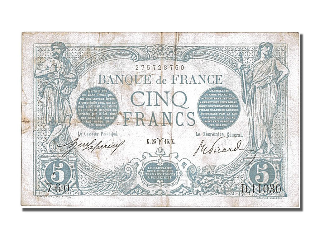 Francia, 5 Francs, 5 F 1912-1917 ''Bleu'', 1916, KM:70, 1916-03-25, MB+, Faye...