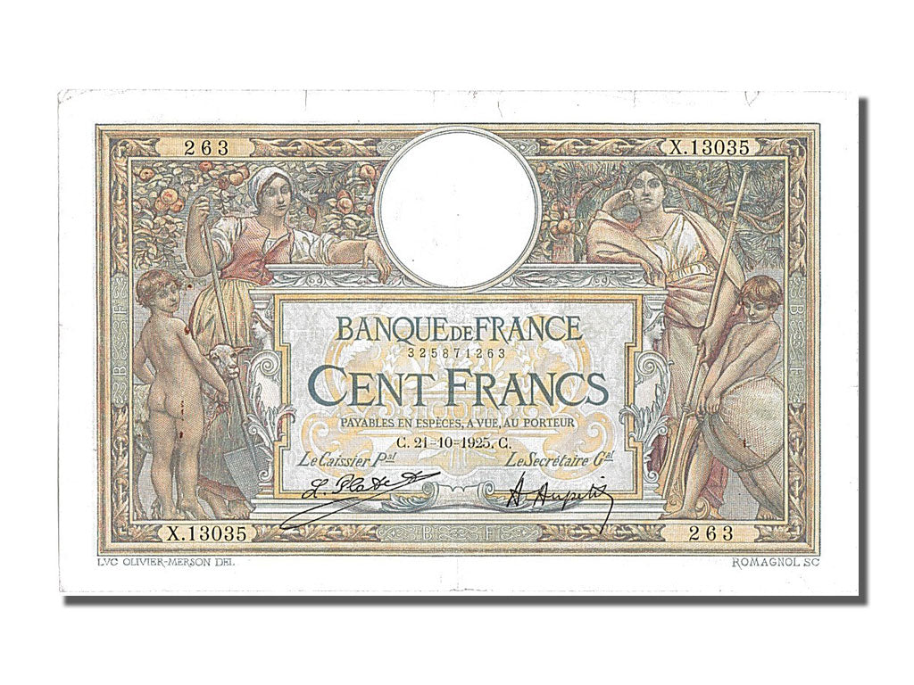 Banconote, Francia, 100 Francs, 100 F 1908-1939 ''Luc Olivier Merson'', 1925