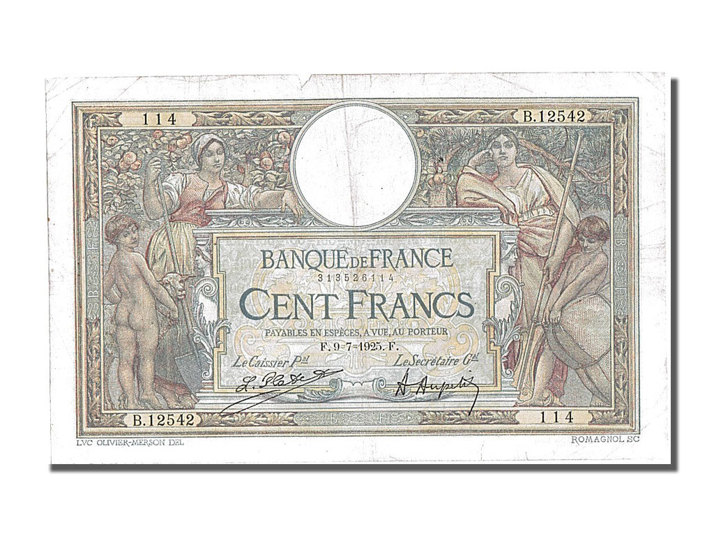 France, 100 Francs, 100 F 1908-1939 ''Luc Olivier Merson'', 1925, KM #78a,...