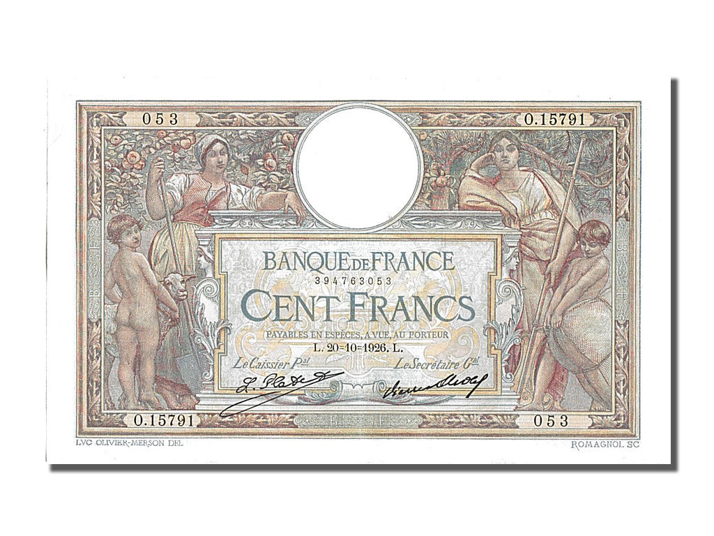 Banknote, France, 100 Francs, 100 F 1908-1939 ''Luc Olivier Merson'', 1926
