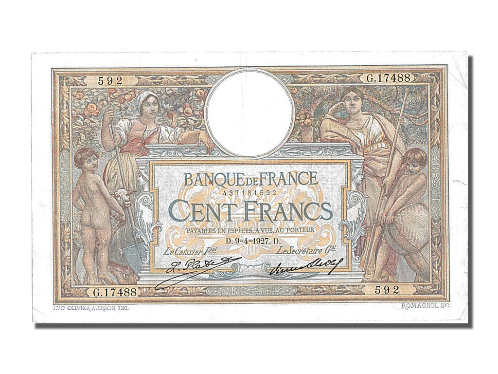 Banknote, France, 100 Francs, 100 F 1908-1939 ''Luc Olivier Merson'', 1927
