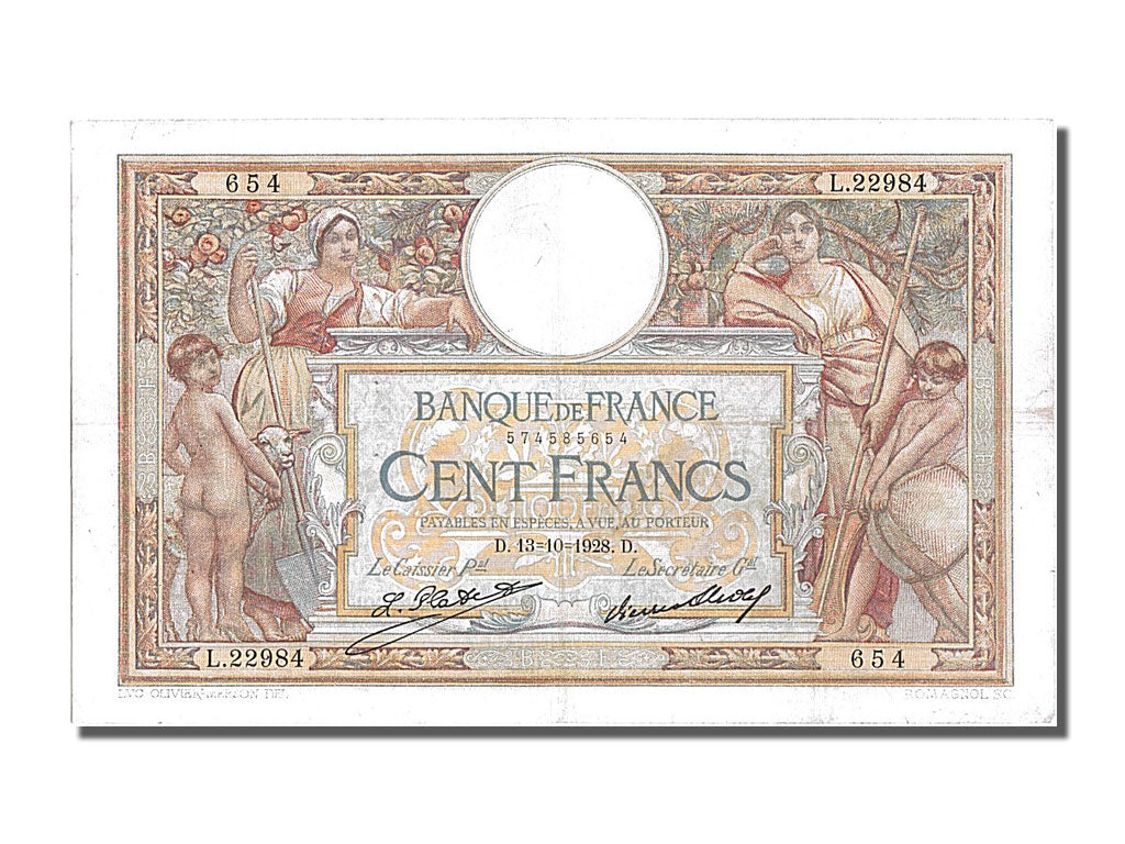 Banknote, France, 100 Francs, 100 F 1908-1939 ''Luc Olivier Merson'', 1928