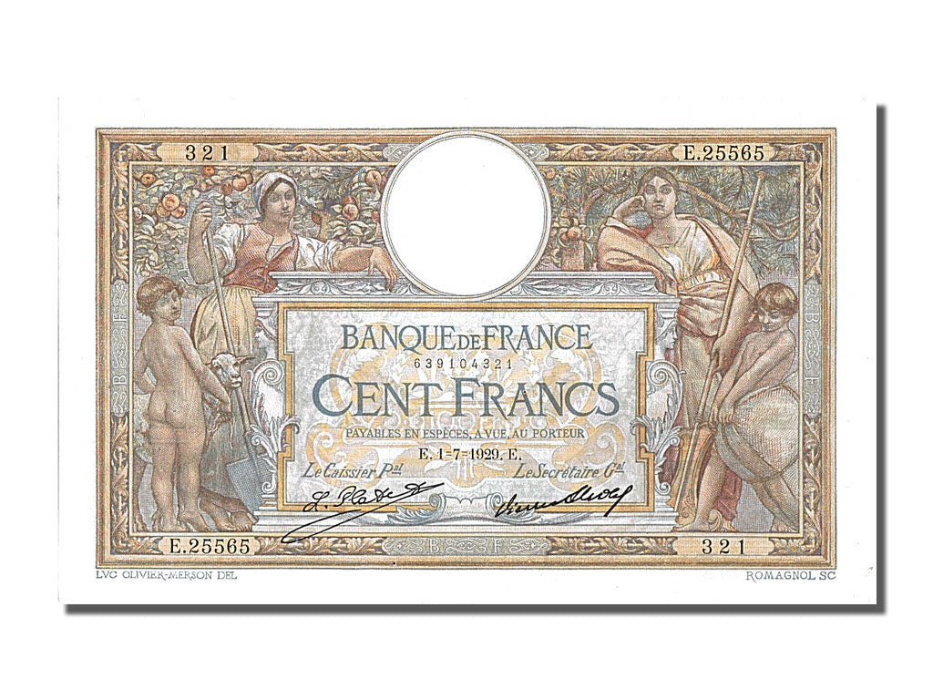 Banknote, France, 100 Francs, 100 F 1908-1939 ''Luc Olivier Merson'', 1929